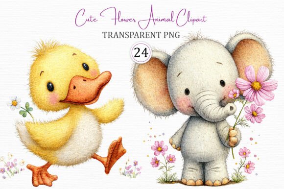 Cute Flower Animal Digital Clipart Set