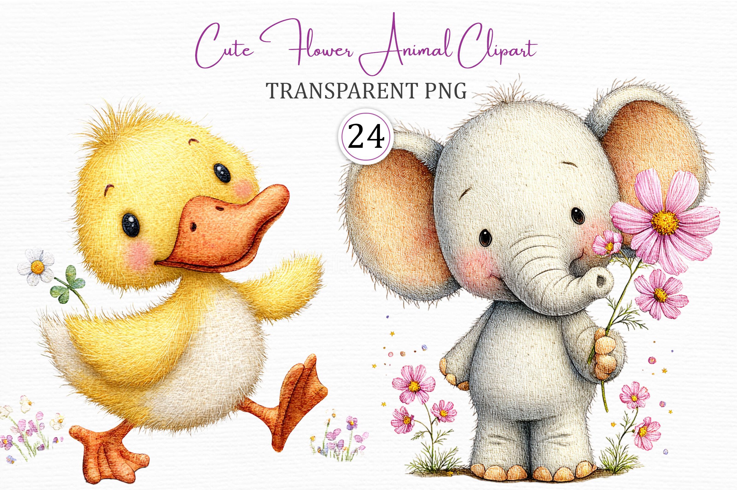 Cute Flower Animal Digital Clipart Set