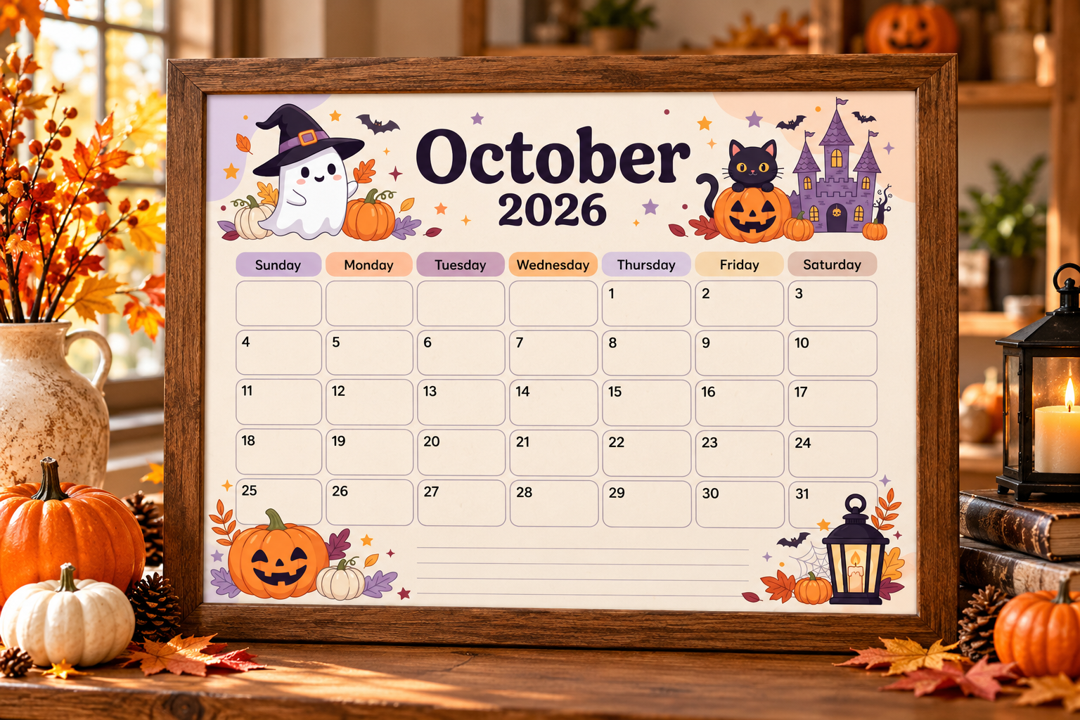 Cute Halloween October 2026 Calendar
