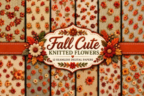 Fall Cute Knitted Flowers Digital Paper