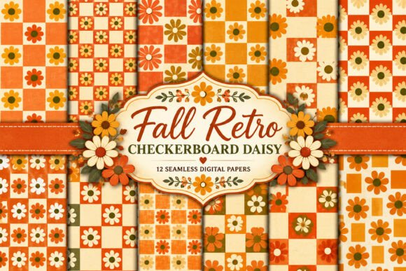 Fall Retro Checkerboard Daisy Patterns