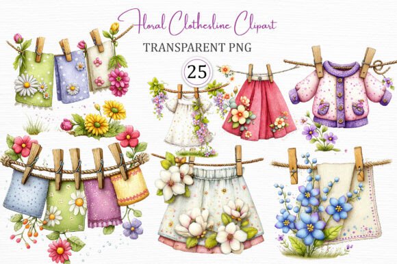 Floral Clothesline Digital Clipart Set