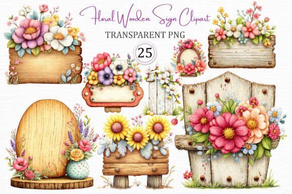 Floral Wooden Sign Digital Clipart Set