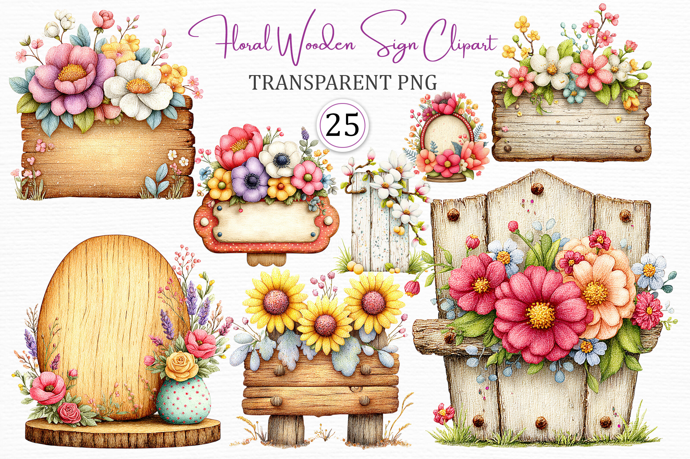 Floral Wooden Sign Digital Clipart Set