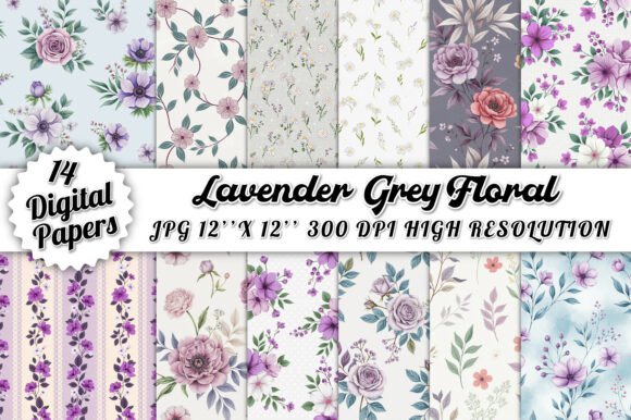 Lavender Grey Floral Digital Paper Bundl