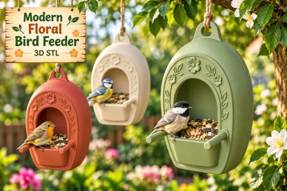 Modern Floral Bird Feeder 3D STL – Hanging Garden Bird Feeder - Image 1