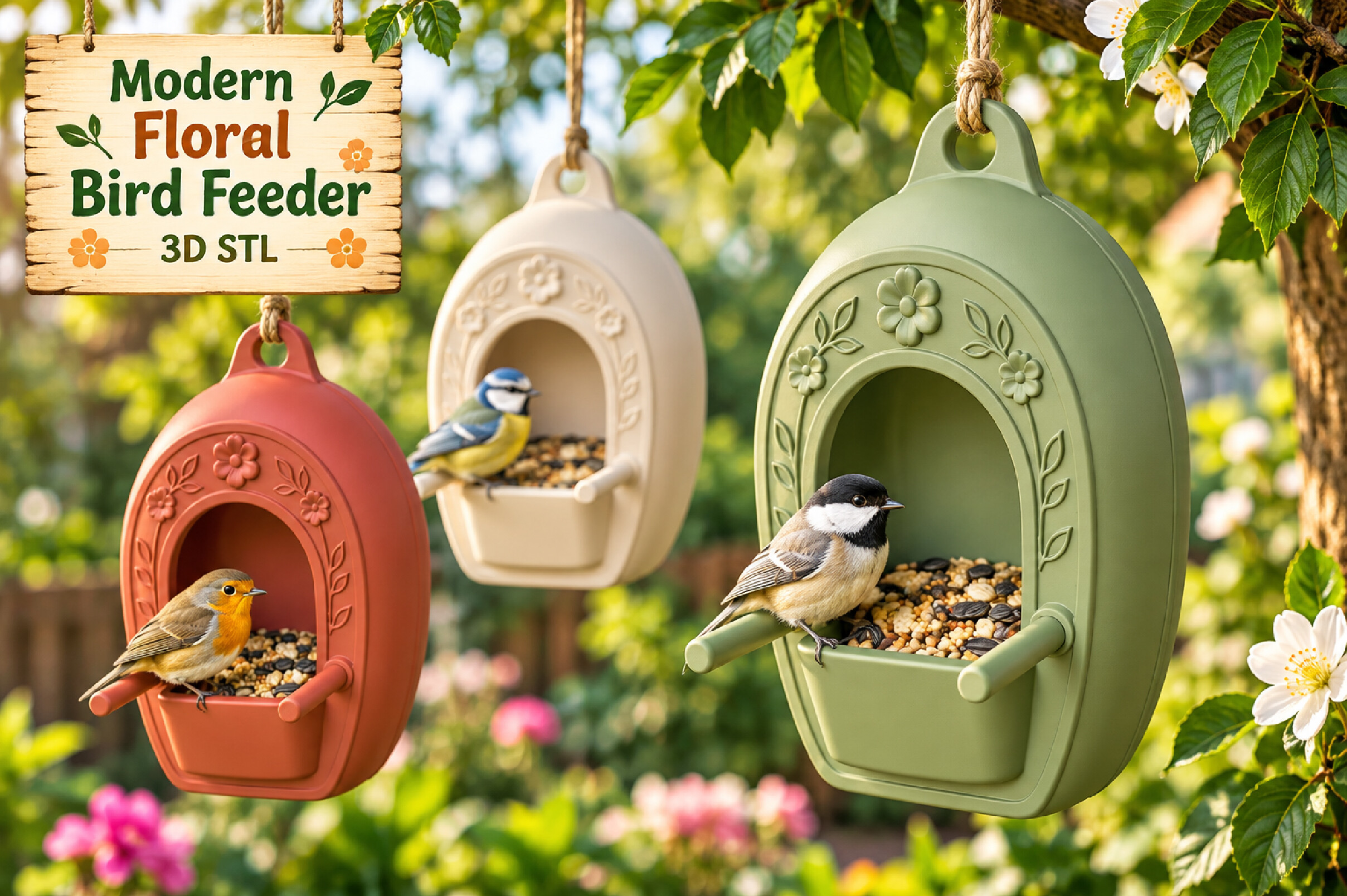 Modern Floral Bird Feeder 3D STL – Hanging Garden Bird Feeder - Image 5