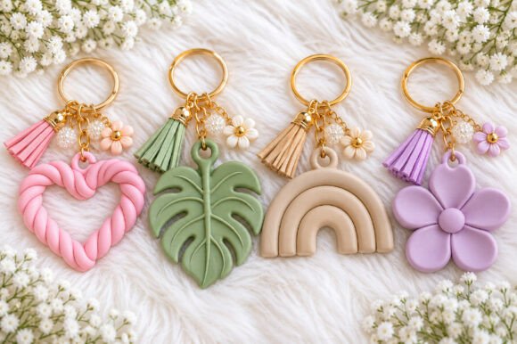 Rainbow Flower Heart Keychain STL Bundle – 4 Floral 3D Print Designs - Image 1