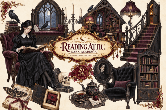 Reading Attic Dark Academia Watercolor Graphic Illustrations By Aneta Design 