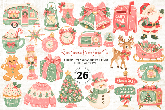 Retro Christmas Holiday Clipart Set