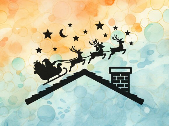 Santa Sleigh Reindeer Over Roof Svg Graphics