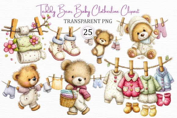 Teddy Bear Baby Clothesline PNG Clipart