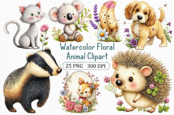 Watercolor Floral Animal Clipart Pack