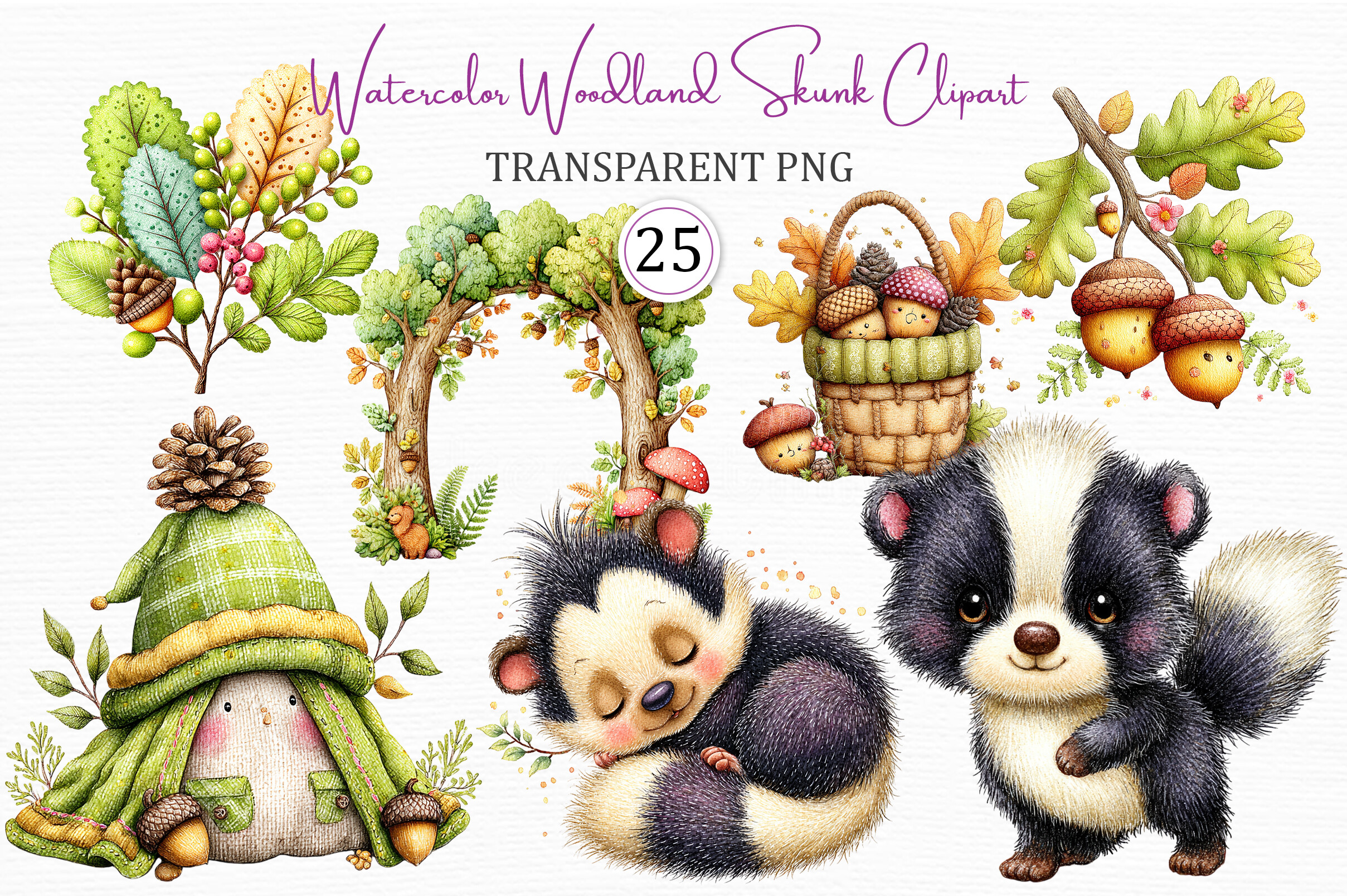 Watercolor Woodland Skunk PNG Clipart