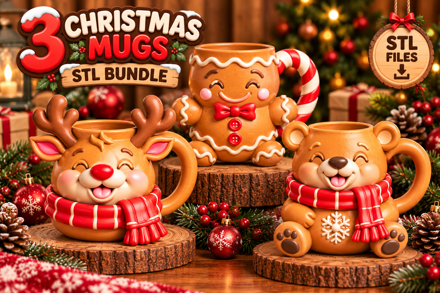 3 Christmas Mugs STL Bundle – Festive 3D Print Models for Holiday Décor - Image 2