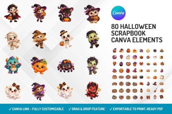 80 Halloween Scrapbook Canva Elements