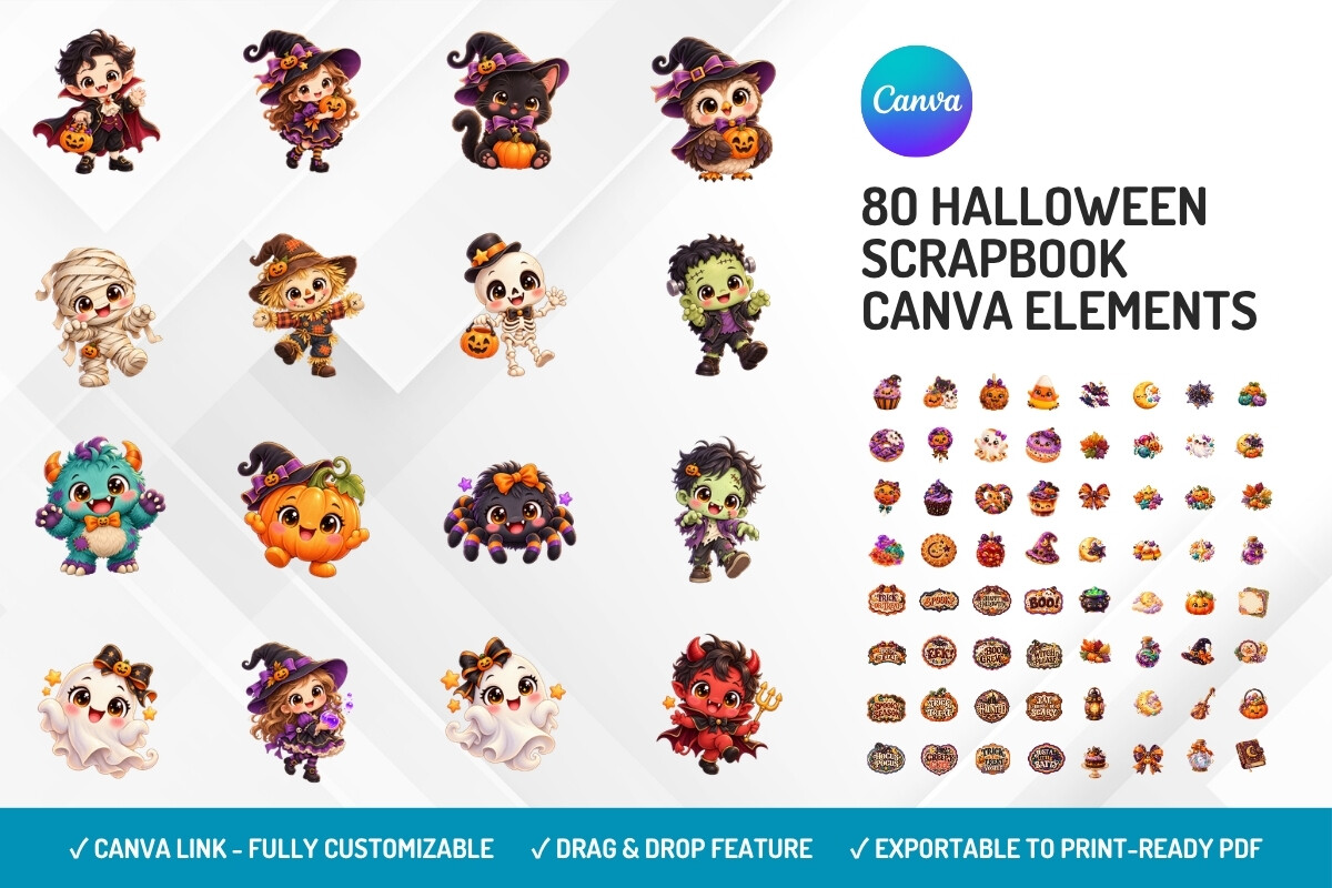 80 Halloween Scrapbook Canva Elements