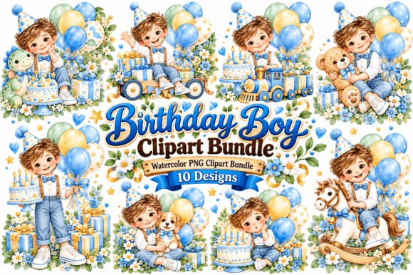 Birthday Boy Watercolor Clipart Bundle