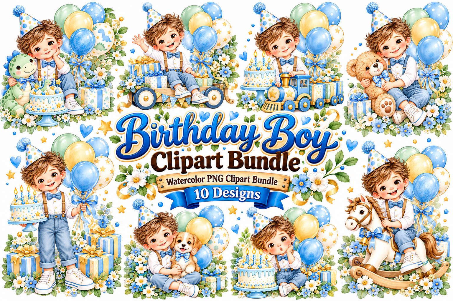 Birthday Boy Watercolor Clipart Bundle