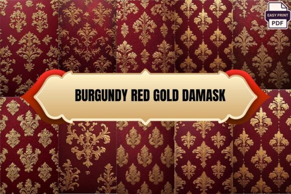Burgundy Red Gold Damask