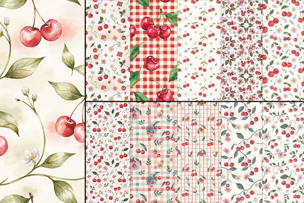 Cherry Watercolor Digital Paper | Vintag