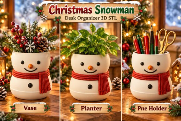 Christmas Snowman Desk Organizer 3D STL – Vase, Planter & Pen Holder - Image 1