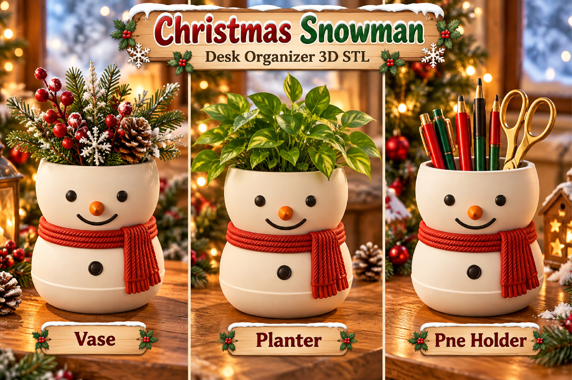 Christmas Snowman Desk Organizer 3D STL – Vase, Planter & Pen Holder - Image 4