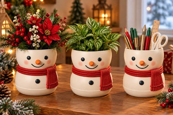 Christmas Snowman Desk Organizer 3D STL – Vase, Planter & Pen Holder - Image 2