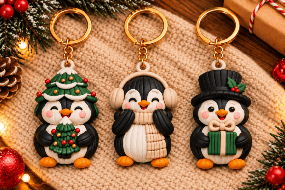 Festive Penguin Keychain STL – 3 Christmas Penguin 3D Print Files - Image 1