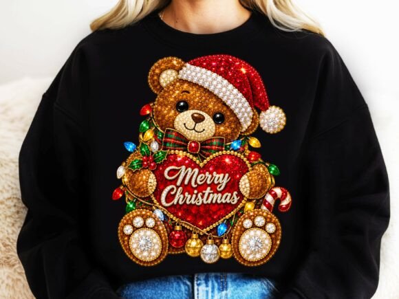 Rhinestone Christmas Teddy Bear PNG.
