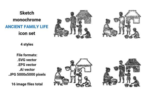 Sketch Ancient Family Life Icon Set