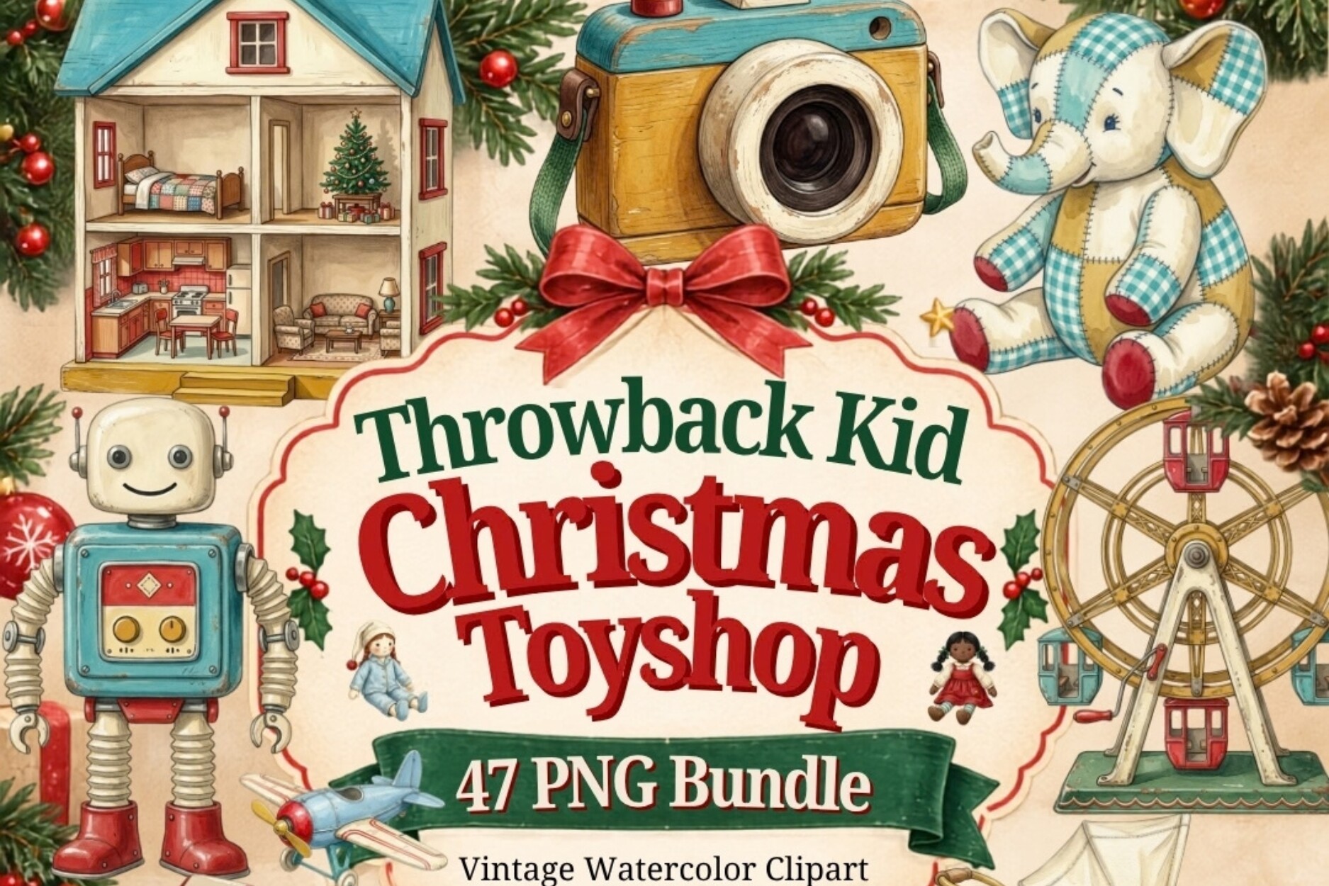 Throwback Kid Christmas Toyshop Clipart