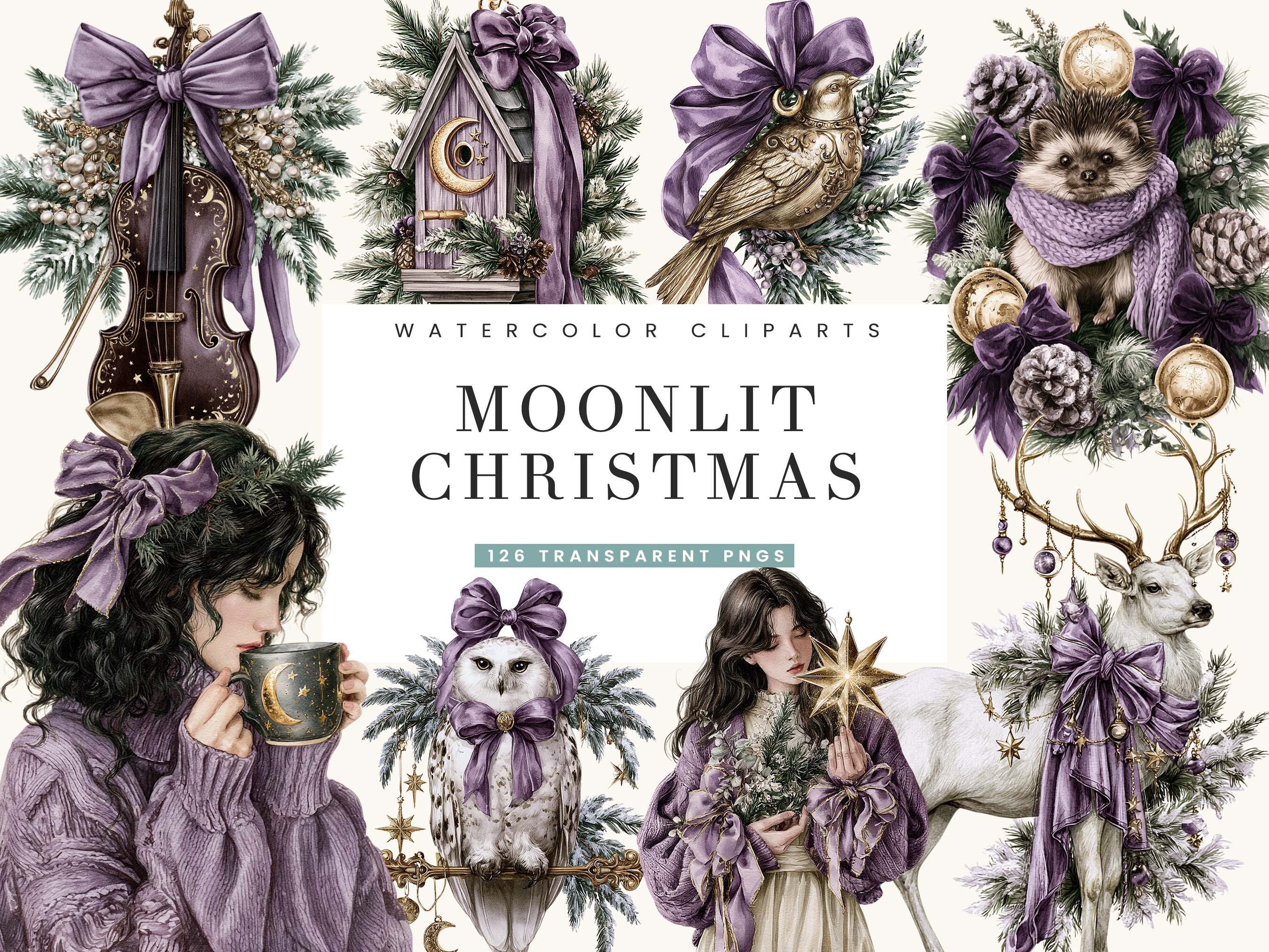 Watercolor Moonlit Christmas Clipart