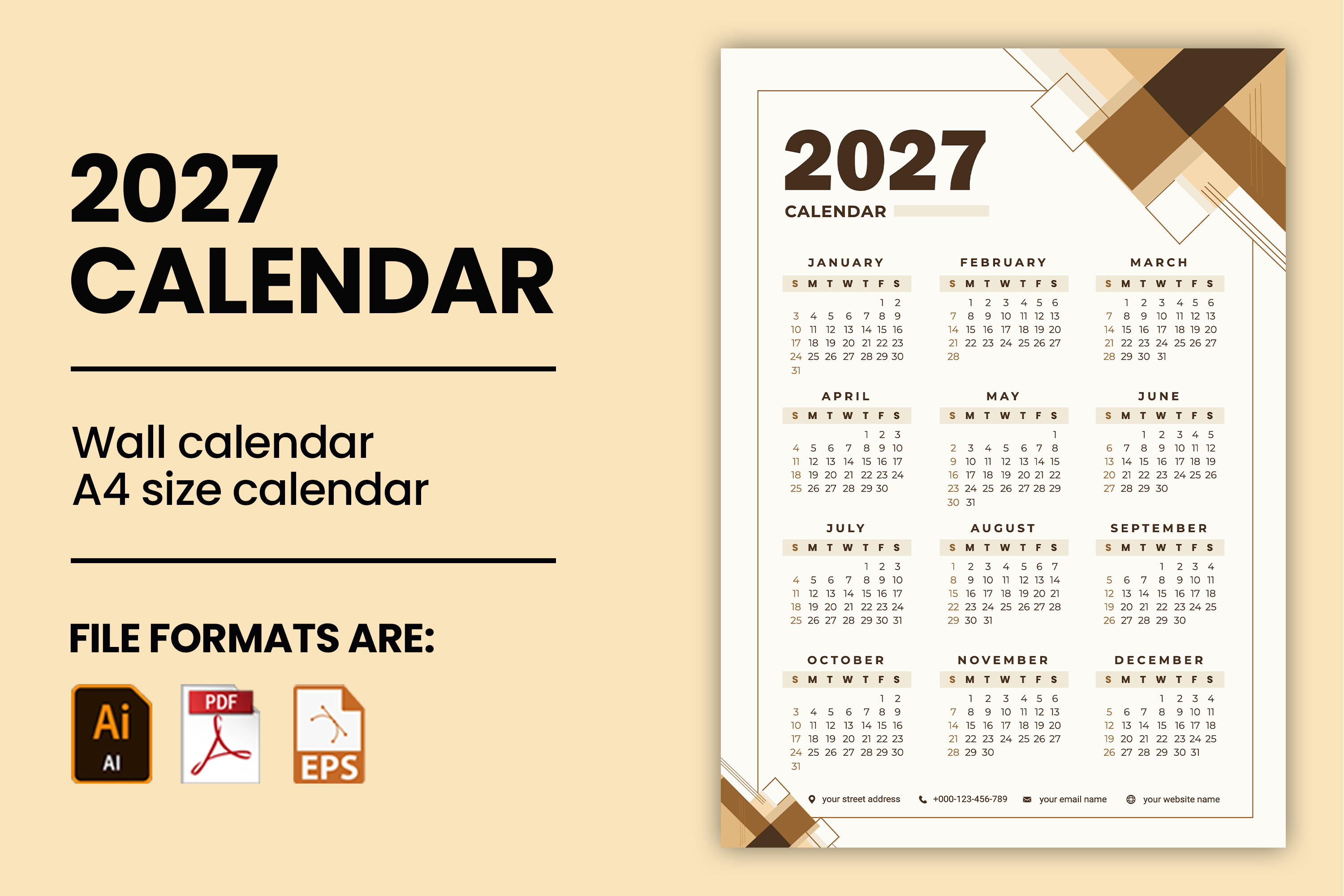 2027 Brown Wall Calendar Template A4