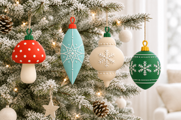 3D Printable Christmas Ornament Set STL  Snowflake & Mushroom Holiday Decor - Image 2