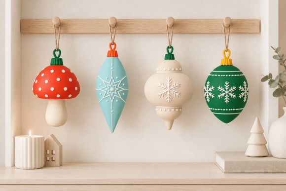 3D Printable Christmas Ornament Set STL  Snowflake & Mushroom Holiday Decor - Image 3