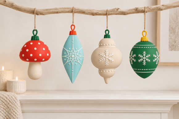 3D Printable Christmas Ornament Set STL  Snowflake & Mushroom Holiday Decor - Image 4
