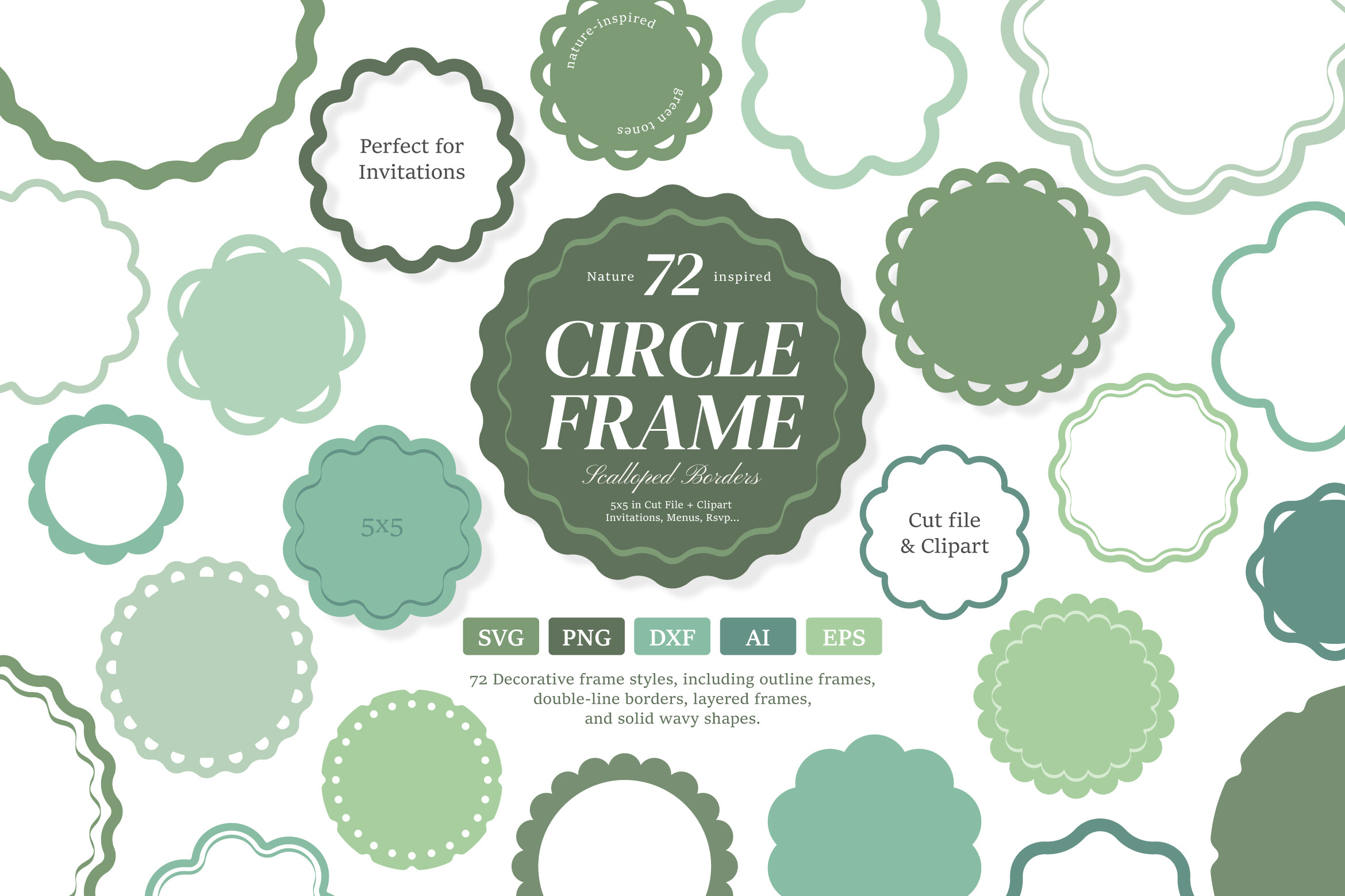 72 Scalloped Circle Frame SVG PNG Bundle