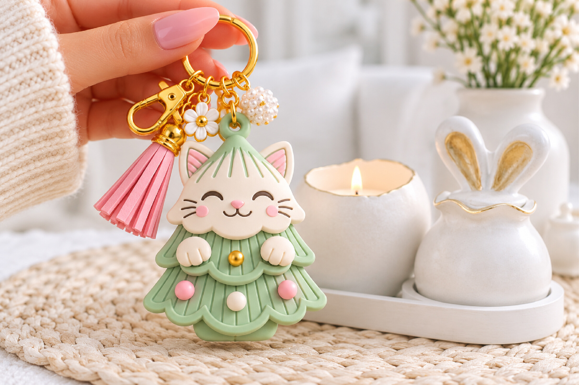 Cat Christmas Tree Keychain STL - Cute Holiday 3D Print Keyring Model - Image 3