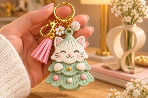 Cat Christmas Tree Keychain STL - Cute Holiday 3D Print Keyring Model - Image 2