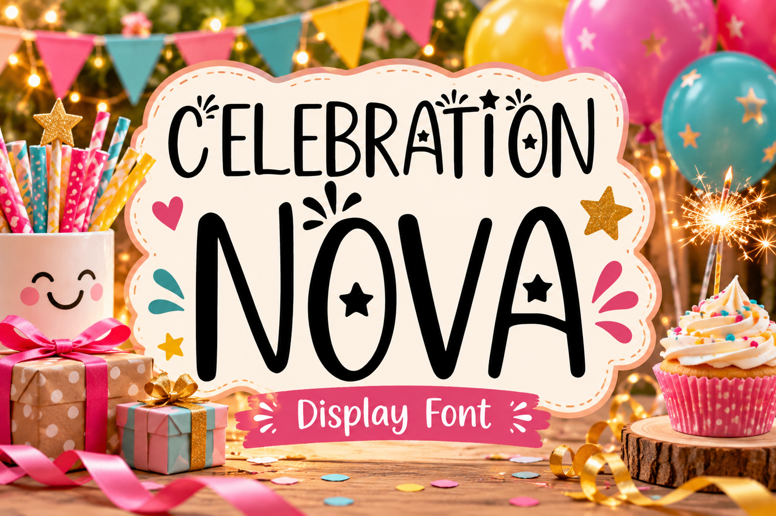 Celebration Nova preview, modern celebration font for party signage
