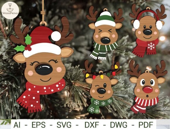 Christmas Reindeer Ornament SVG Bundle (Design 1) laser cut file
