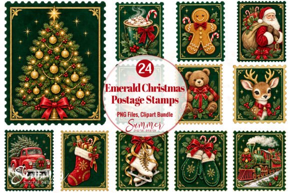 Emerald Christmas Postage Stamp Clipart Graphic Illustrations By Summer Digital Design