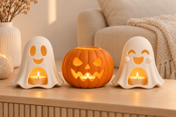 Halloween Ghost Pumpkin Candle Holder STL Set – 3D Printing Files - Image 1