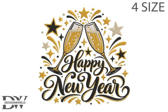 Happy New Year Champagne Embroidery Holidays & Celebrations Embroidery Design By Designworld