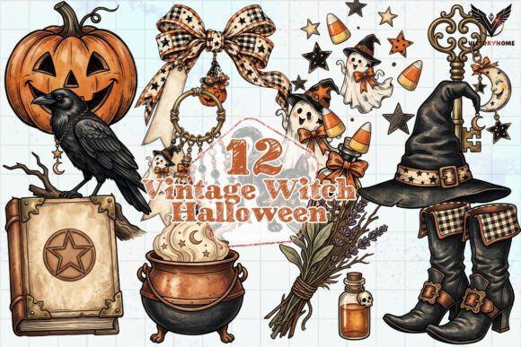 Vintage Witch Halloween Clipart Graphic Illustrations By VictoryHome