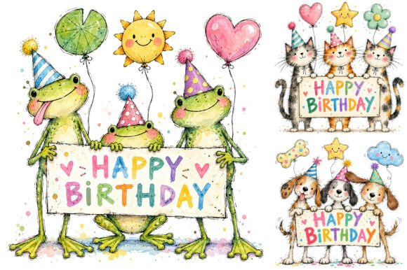 Watercolor Birthday Animal PNG Bundle