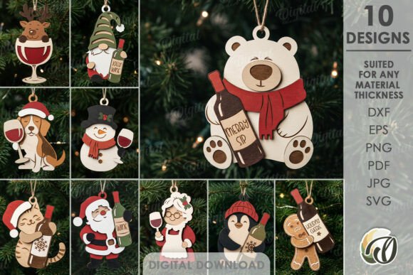 Wine Lover Christmas Ornaments Bundle laser cut file