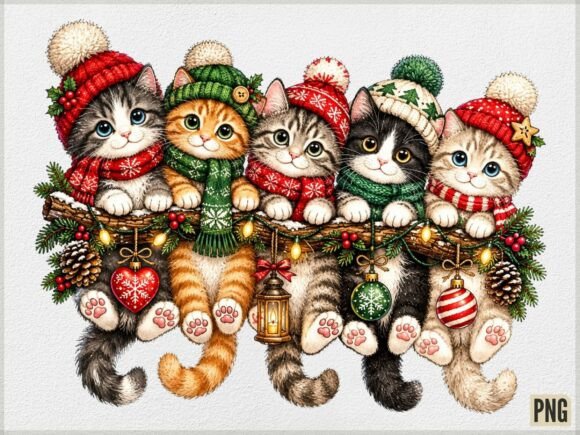 Winter Cats Christmas PNG, Cute Holiday Gráfico Ilustrações para Impressão Por Camel Muse