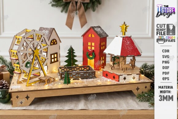 3d Christmas Village Night Light Stand Laser Cutting